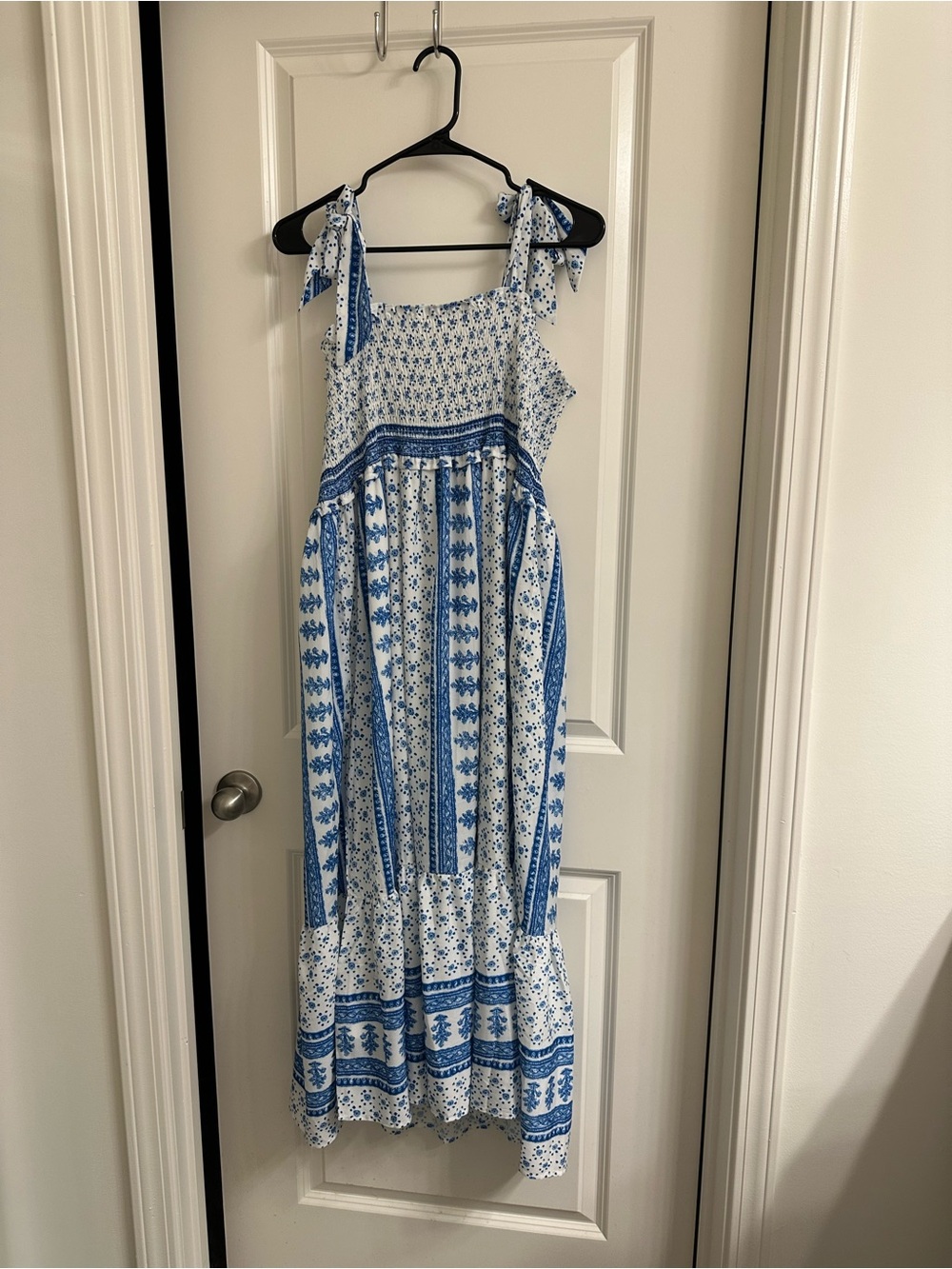 Pink Lily Blue and White Tie-Shoulder Printed Maxi Dress